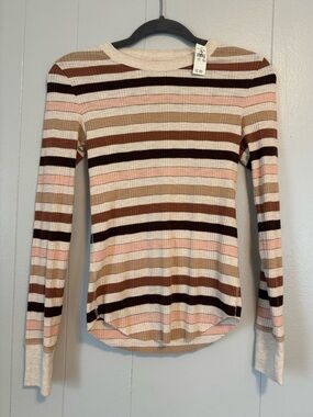 Aerie Ribbed Long-Sleeve Striped NWT Top in Pink, Brown and Cream